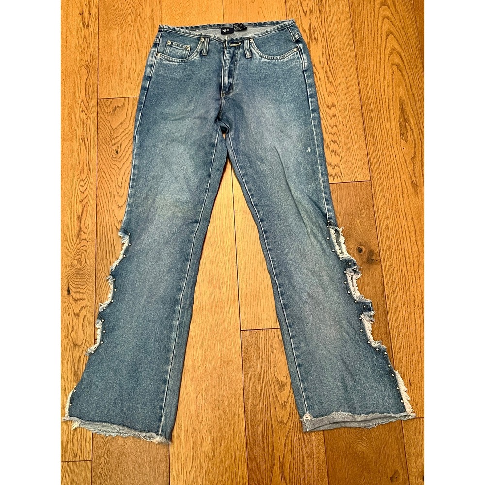 Vtg Wild Secret Y2K Low Rise Bell Bottom Jeans Beaded Cut Out Side Distressed 5